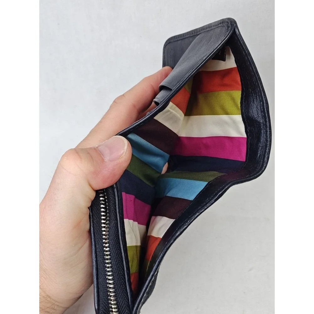COACH 40751 Legacy Signature Stripe Bifold Compact Wallet Glitter Black Canvas
